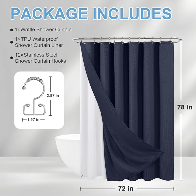 ROLIZOE 3-in-1 Waffle Texture Shower Curtain Set with TPU-Coated Waterproof Liner and 12 Upgraded Double-Sided Hooks, Well-Matched Sizes for a Seamless Fit – Navy Blue, 72" x 78"