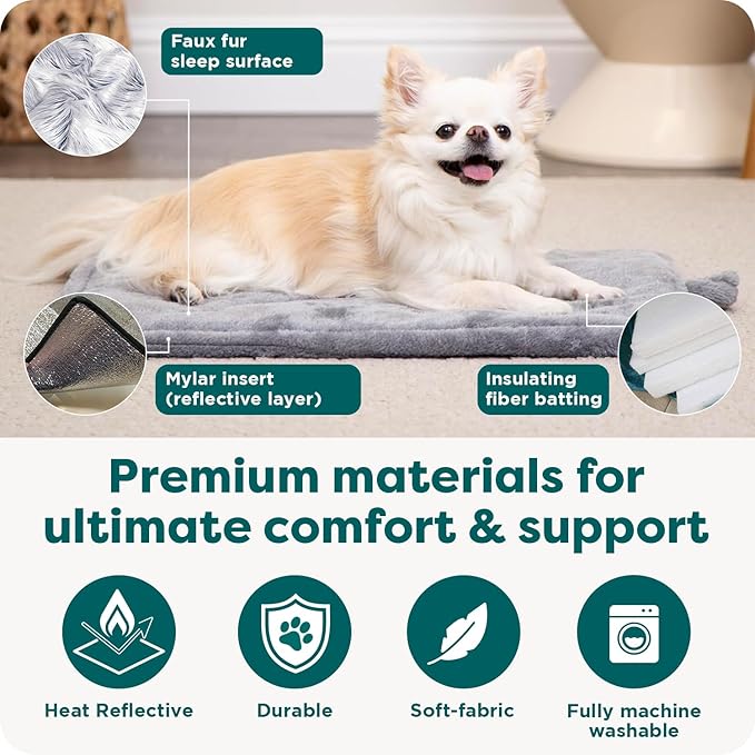 Furhaven ThermaNAP Self-Warming Cat Bed for Indoor Cats & Small Dogs, Washable & Reflects Body Heat - Quilted Faux Fur Reflective Bed Mat - Snow Leopard, Small