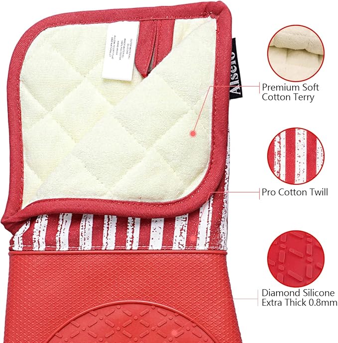 Silicone Oven Mitts Heat Resistant 932℉ with Waterproof & Non-Slip Kitchen Mittens, Set of 2 Extra Long Oven Gloves with Soft Cotton Terry Lining for Baking Cooking Barbecue (2, Red Mitts)