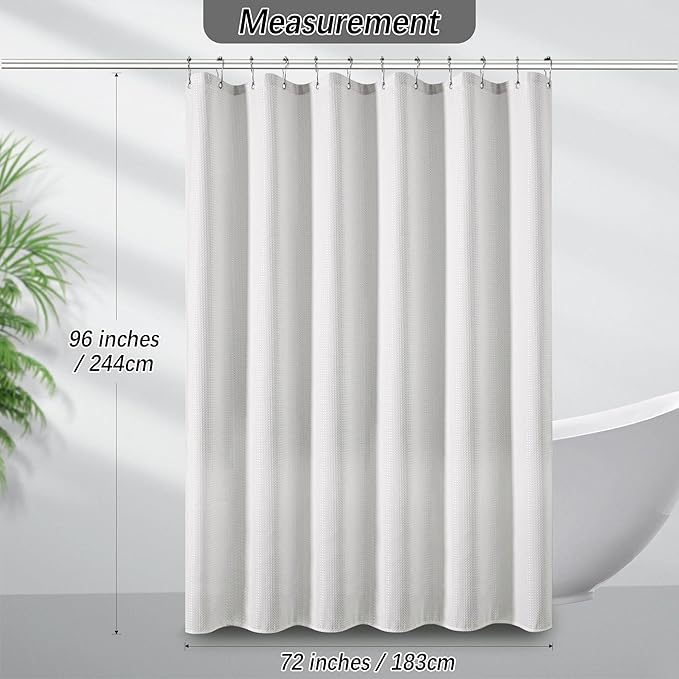 PANGSINNE Waterproof Fabric Shower Curtain, Extra Long White Waffle Simple Neutral Weighted Shower Curtains for Bathroom, 256GSM Modern Ivory Thick with 12 Hooks, 72Wx96H
