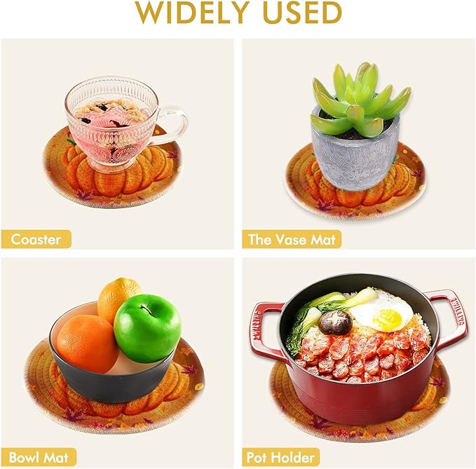 Boccsty Pumpkin Autumn Leaf Trivet Mat 2PCS Round Woven Potholders Kitchen Table Countertop Protector Hot Pads Farmhouse Coasters Counter Mats for Cooking Baking