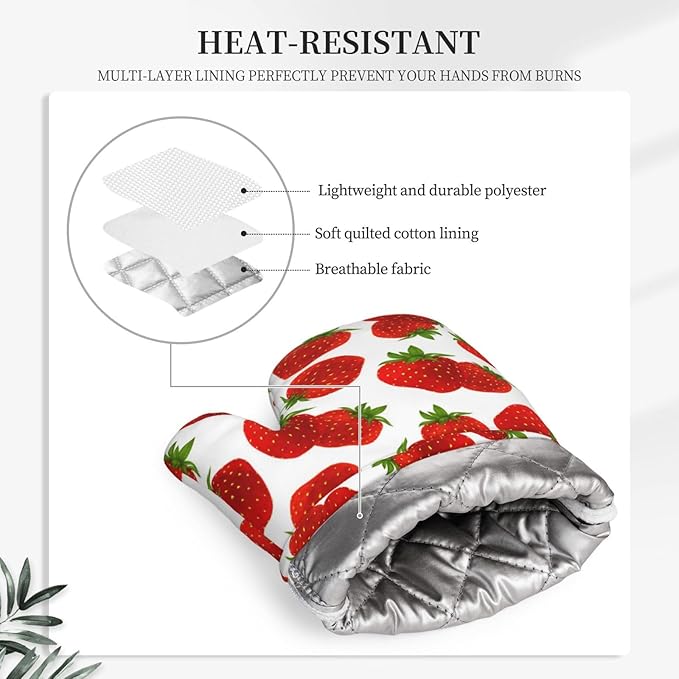 Silicone Oven Mitts and Pot Holders Sets, Home Cute Strawberry Heat Resistant BBQ Gloves for Kitchen Baking Cooking Grilling Microwave