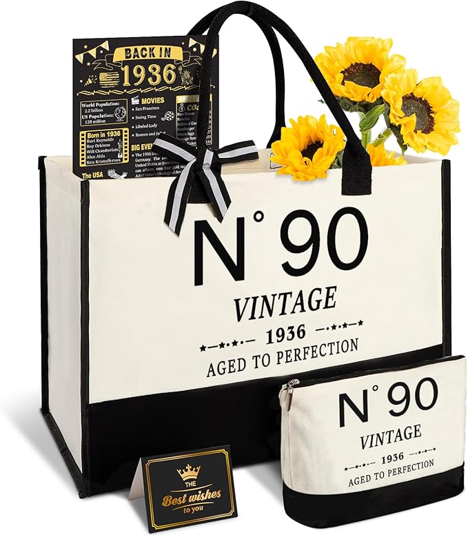 YeohJoy 90th Birthday Gifts for Women Canvas Tote Bag Travel Gear, Unique 90 Years Old Gifts for Wife Mom Sister Aunt Friends Her, Vintage N°90 Handbag & Cosmetic Bag & Back in 1936 Poster