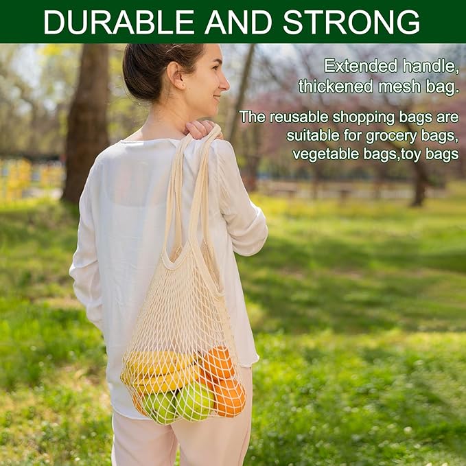 Mordx 2-Pack Reusable Mesh Grocery Bags, 100% Cotton String, Long Handle Produce Bags, Fruit & Veggie Storage
