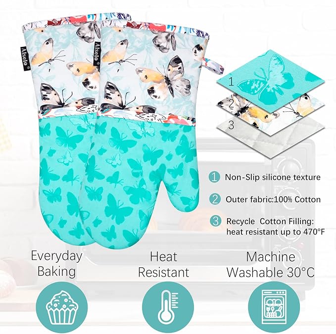 Oven Mitts, Heat Resistant with Soft Quilted Cotton Lining Set of 2, Fashion Design with Silicone Printing Anti-Slip Kitchen Gloves, Safe Backing Cooking Barbecue (Turquoise, Butterfly)