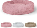 BOWHAUS 24/30 Inch Calming Donut Pet Bed for Small/Medium Cats and Dogs, Anti-Slip Bottom, Washable, Anti-Anxiety Fluffy Round Cat Bed, Indoor Shaggy Cuddler Cotton Candy Brown, Light Gray, Pink Bed