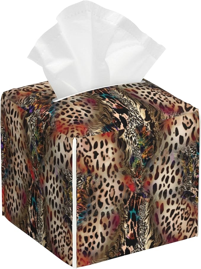 POIUBLE Leather Tissue Box Holder African Animal Leopard Print Tissue Box Cover Square Waterproof Tissue Holder Organizer Modern Napkin Holder for Bedroom Dresser Night Stand Office Desk