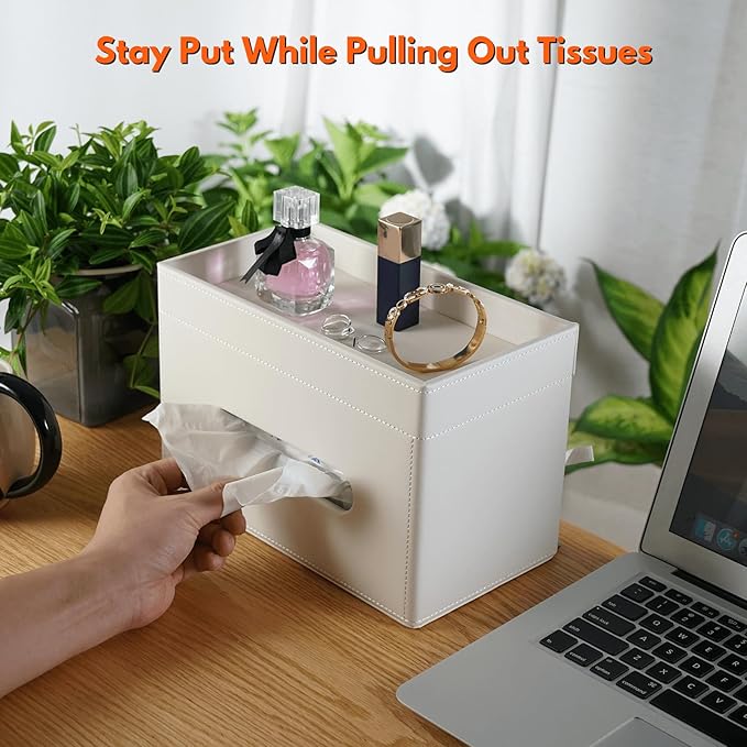 LAMOTI Rectangular Tissue Box Cover with Storage Tray, Leather Facial Tissue Box Holder for Bathroom, Office Table, Countertop, Night Stand & More (White)