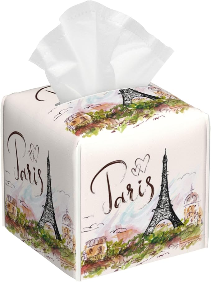POIUBLE Leather Tissue Box Holder Paris Eiffel Tower Tissue Box Cover Square Waterproof Tissue Holder Organizer Modern Napkin Holder for Bedroom Dresser Night Stand Office Desk