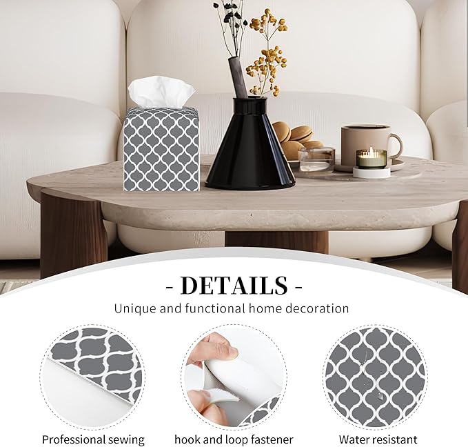 POIUBLE Tissue Box Holder Grey Quatrefoil Tissue Box Cover Square Leather Tissue Holder Organizer Portable Decorative Facial Paper Case for Home Office Bathroom Vanity Countertop