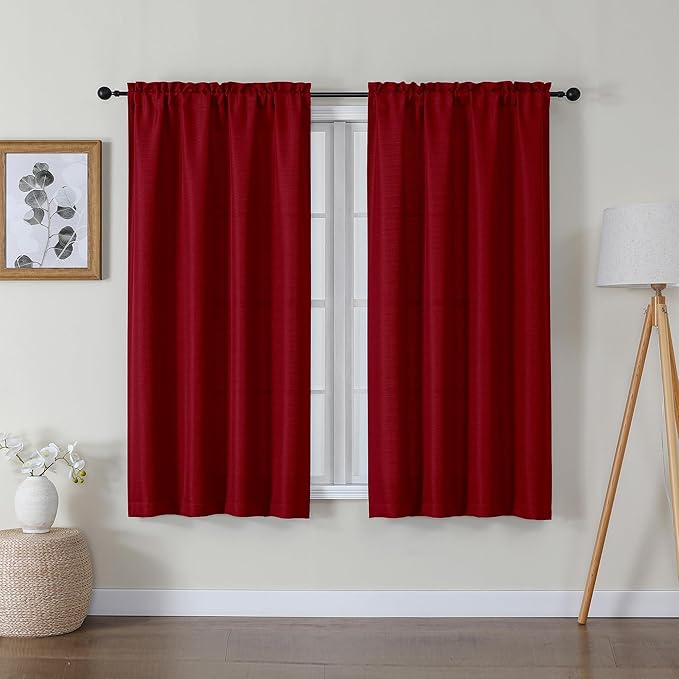 Lecloud Bessie Red Curtains 54 Inch Length 2 Panels Set, Airy Faux Linen Textured Light-Filtering Christmas Soft Curtains, Rod Pocket Window Treatments for Bedroom Living Room, Each 30" W x 54" L