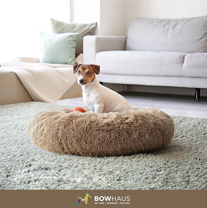 BOWHAUS 24/30 Inch Calming Donut Pet Bed for Small/Medium Cats and Dogs, Anti-Slip Bottom, Washable, Anti-Anxiety Fluffy Round Cat Bed, Indoor Shaggy Cuddler Cotton Candy Brown, Light Gray, Pink Bed
