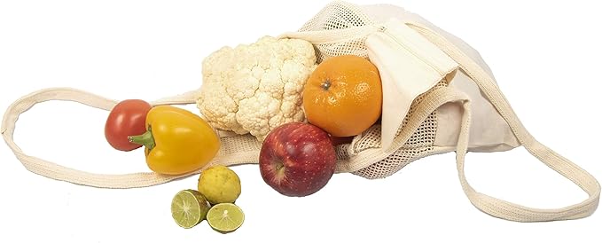 Reusable Mesh Grocery Shopping Bags - Organic Cotton Mesh Tote Bags - Net Farmers Market Bags with Reinforced Bottom - Mesh Mushroom Foraging Tote Bags - Portable Cotton French Market Tote (3 Bags)