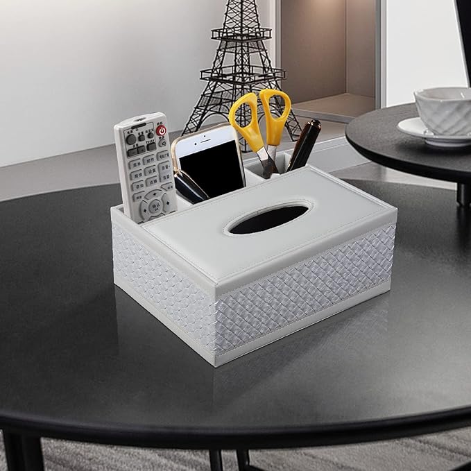 XNONE Tissue Box Cover Rectangle White Kleenex Box Holder PU Leather Facial Tissue Organizer,Multifunctional Remote Control Stationery Storage Box,Home Office Supplies Car Napkin Caddy
