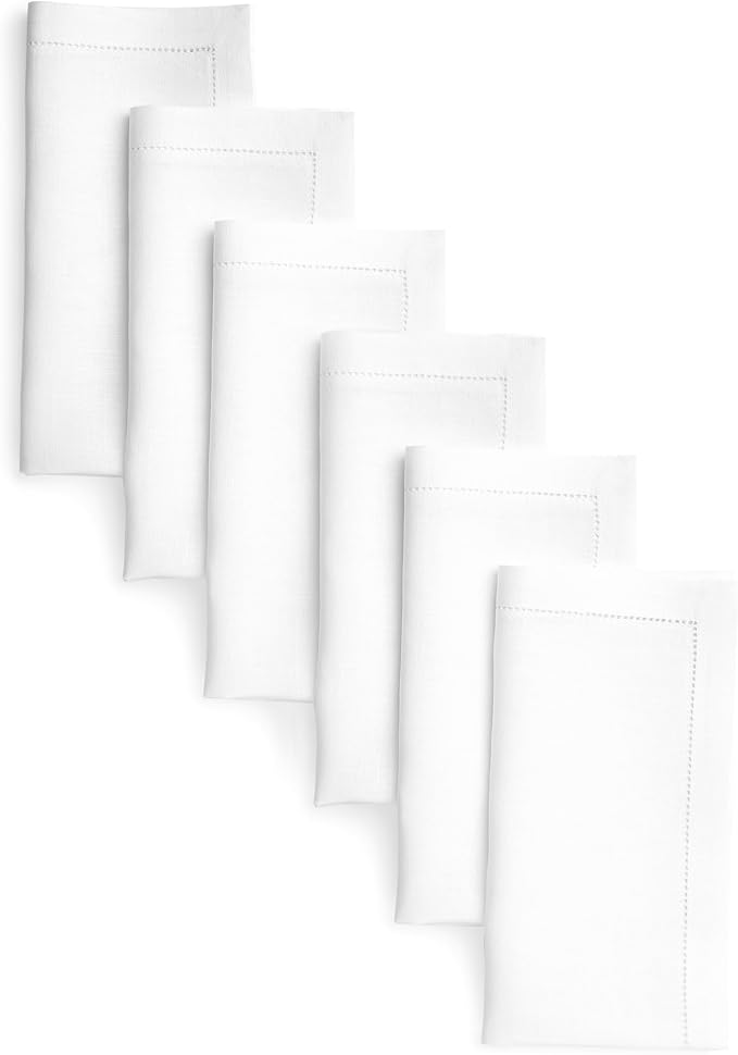 D'Moksha Homes White Linen Napkins Set of 6 - Classic Hemstitch 100% Pure Linen Hemstitch Dinner Napkins 20 x 20 Inch for Valentines, Spring, Easter - Handcrafted and Machine Washable