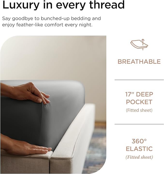 Threadmill American Supima King Size Sheets Set | 656 Thread Count 4 Piece Luxury Bed Sheets for King Size Mattress | 5 Star Hotel Quality Sheets with Elasticized Extra Deep Pocket | Dark Grey Sheets