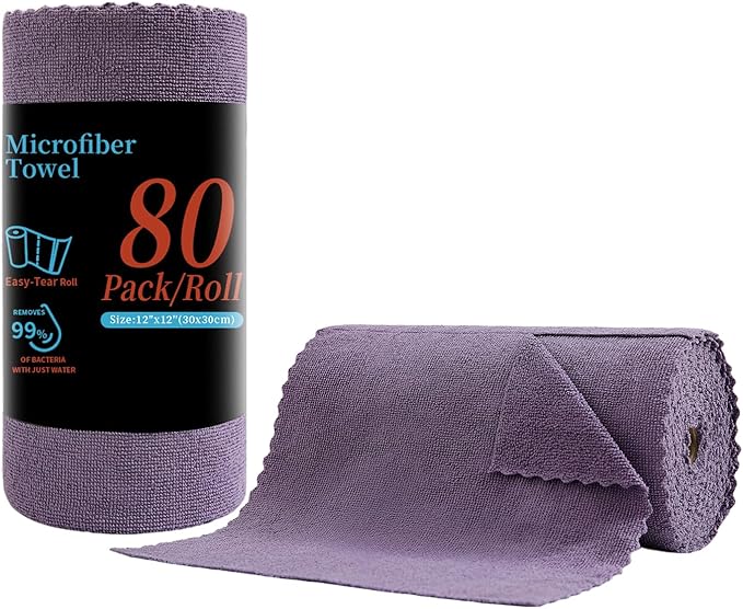 Tigona 80 Pack Microfiber Cleaning Cloth Roll,Lint Free Rags & Tear Away Reusable Towels Washable Scratch,Ultra Absorbent Dish Rags(12" x 12") for Car Kitchen Home Garage-Dark Purple