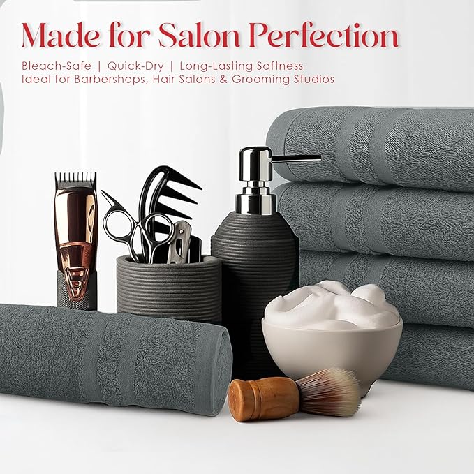 RIVERSIDE Pack of 24 Salon Towels Set (Not Bleach Proof), 16 x 26 Inches, 100% Ring Spun Cotton, Highly Absorbent & Quick Dry Hand Towels for Salon, Barber, Gym, Spa, Bathroom & Home, Grey