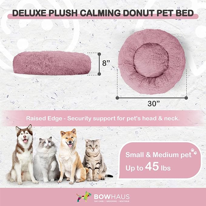 BOWHAUS 24/30 Inch Calming Donut Pet Bed for Small/Medium Cats and Dogs, Anti-Slip Bottom, Washable, Anti-Anxiety Fluffy Round Cat Bed, Indoor Shaggy Cuddler Cotton Candy Brown, Light Gray, Pink Bed