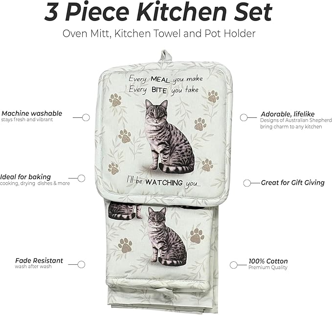 Silver Tabby cat 3-Piece Kitchen Set - Oven Mitt, Pot Holder & Kitchen Towel Set, Heat Resistant up to 420 F, Soft Quilted Cotton for Cooking, Baking, BBQ, Pet Lover Gifts (Tabby Silver Cat)