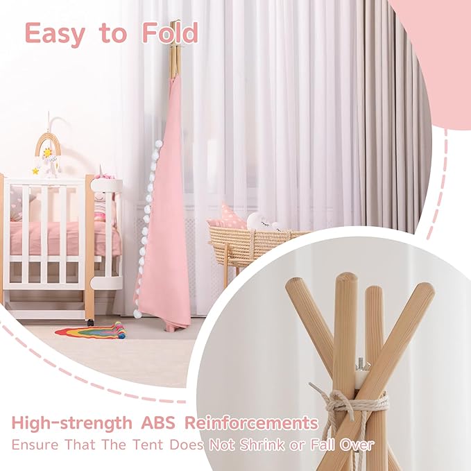 WIRHAO Teepee Tent for Kids with Padded Mat Cotton Canvas Kids Tent with Pompom for Toddlers Indoor Play Tent for Girls Boys with Stars Lights, Carry Bag, Banner Flag (Pink)