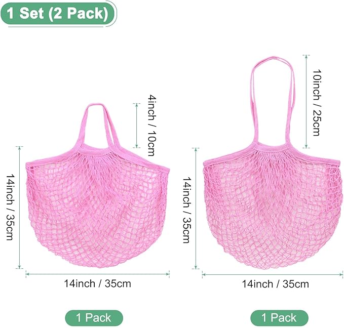 M METERXITY 2-Pack Cotton Mesh Bag, Reusable Washable Mesh Net String Grocery Bags, Reusable Produce Bags with Handle, Net Tote Bag for Fruits/Vegetables Shopping [Pink, Long&Short Handle]