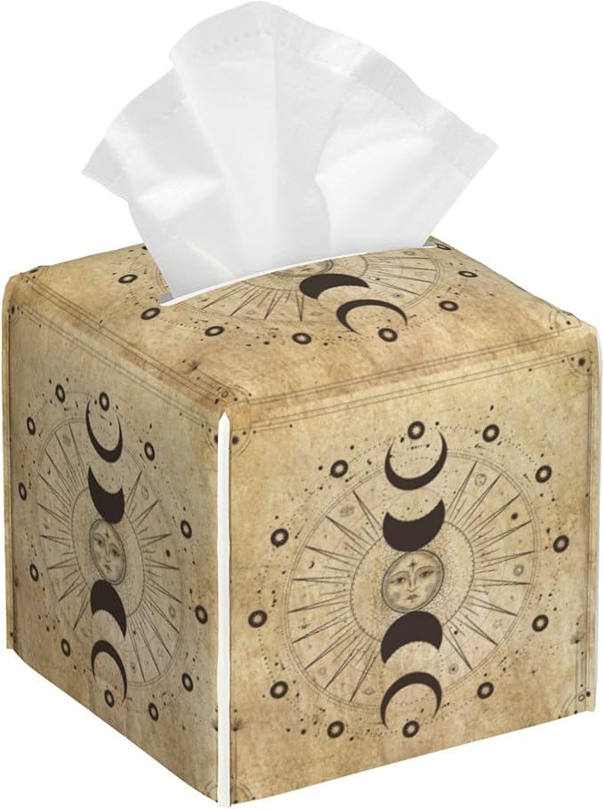 POIUBLE Leather Tissue Box Holder Moon Phases Tissue Box Cover Astrology Square Waterproof Tissue Holder Organizer Modern Napkin Holder for Bedroom Dresser Night Stand Office Desk