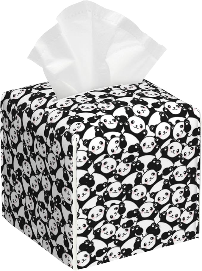 POIUBLE Cute Panda Tissue Box Cover Leather Tissue Box Holder Square Facial Paper Organizer Dispenser for Bathroom Kitchen Bedroom Vanity Countertop Night Stands
