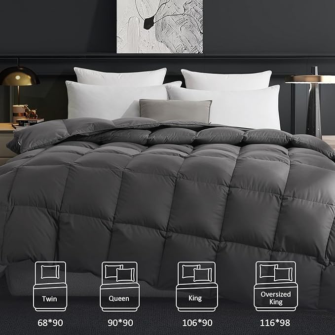 Dreamhood Down Feather Fiber Comforter Oversized King Fluffy Breathable Dark Grey Duvet Insert Ultra Soft All Season Luxury Bedding Comforter with Corner & Center Loops (116"x98")