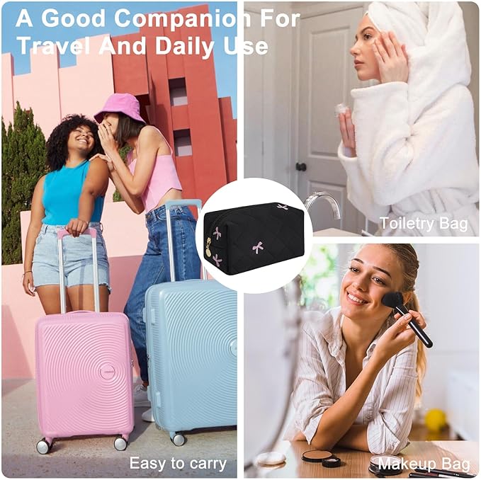 Gleyemor Small Quilted Makeup Bag for Women, Cute Floral Bow Cosmetic Bag, Emergency Bag Travel Toiletry Cotton Pouch Gifts for Girls Her Mom Friend Sister Bridesmaid (Black&Pink Bow)
