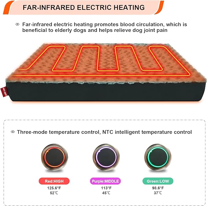 HyphessAda Heated Dog Bed with12V～24V Safe Voltage, Electric Heating Arthritis Orthopedic Dog Bed with Thickened Memory Foam, Heated Pet Bed with Waterproof Cover for Medium Dogs, Large Dogs (Large)