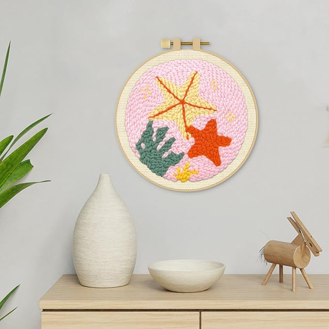 ERKOON Punch Needle Kit Adults Beginners, DIY Easy Sea Animals Embroidery Set for Starter Art Craft, Needling Punch Project with Patterns, Tools, Yarns, Hoop, Instruction (Starfish)