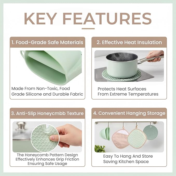 8-Piece Silicone Oven Mitts Set,Heat Resistant Kitchen Gloves with Soft Cotton Lining, Pot Holders,Silicone Trivet Mats,& Mini Mitts for Cooking,Baking,BBQ(Light Green)
