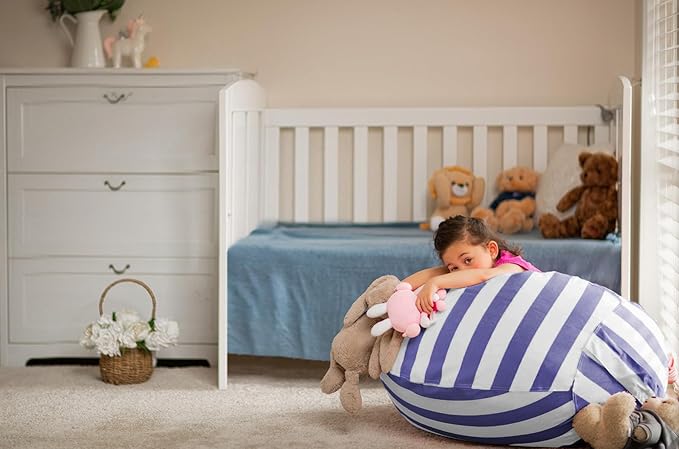 WEKAPO Stuffed Animal Storage Bean Bag Chair Cover for Kids | Stuffable Zipper Beanbag for Organizing Children Plush Toys Large Premium Cotton Canvas (Navy Strip, XX-Large)
