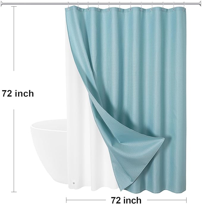 Craidlela 3 in 1 Shower Curtain Set, Teal Blue Waffle Shower Curtain and PEVA Liner Set with 12 Stainless Steel Shower Curtain Hooks, Waterproof Fabric Shower Curtains for Bathroom, 72 W x 72 H