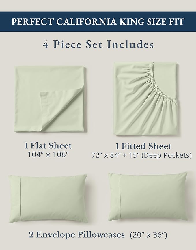LANE LINEN Bedsheets California King Size Bed - 4Pc 100% Organic Cotton Cal King Bed Sheet Set, Soft Cooling Sheets, 15" Deep Pocket Cal King Sheets, Oeko Tex Certified - Mineral