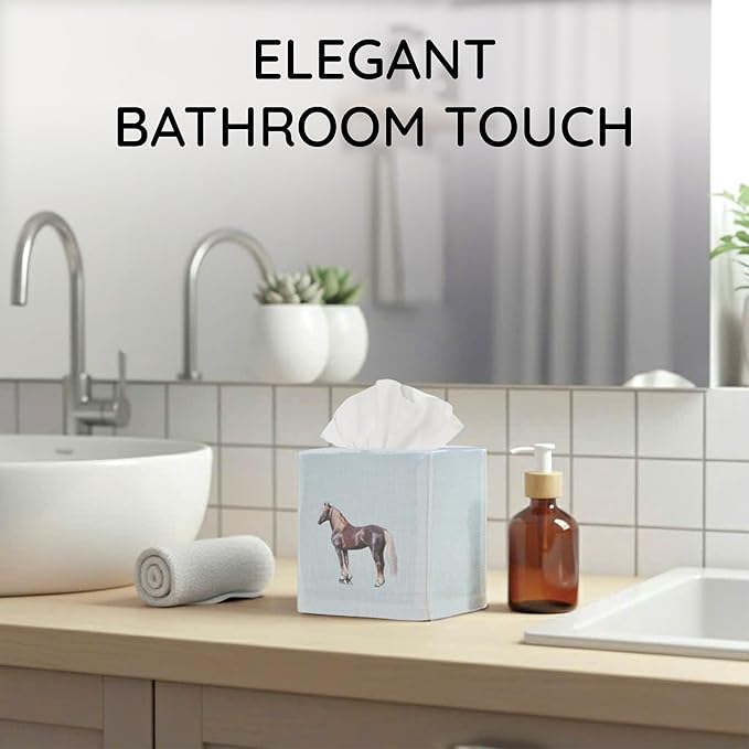 EmbroideryLinen.VN Tissue Box Cover Set of 2, Square Linen Tissue Holder, Printed Animal Pattern, 4.5x4.5x5.5 Inches, Decorative Holder for Bathroom, Living Room, Office (Horse - Ivory & Pink)