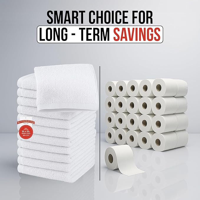 RIVERSIDE 12 Pack Washcloths - 12x12 Inches, 500 GSM, 100% Ring-Spun Cotton - Soft, Absorbent & Durable Face and Body Towels - for Bathroom, Spa, Gym, Makeup Removal & Everyday Use - White