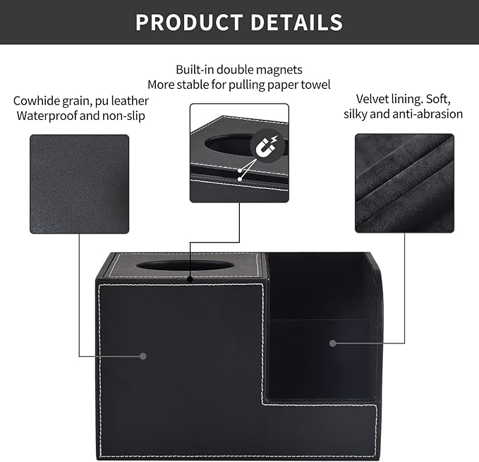 XNONE PU Leather Tissue Box Cover with Storage Square-Multifunctional Tissue Holder,Remote Control Holder,Decorative Tissues Boxes Organizer,Home Office Desktop Storage box,Black