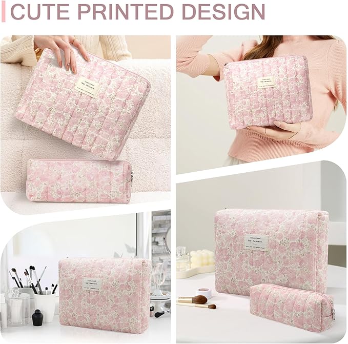 Gosect 2PC Makeup Bag Set, Cute Cosmetic Bag for Women Girls, Floral Coquette Aesthetic Toiletry Bag, Travel Make Up Organizer Bag (Pink Rose)