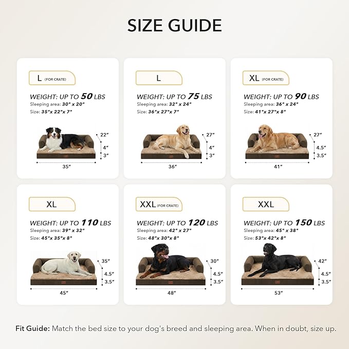 Casa Paw Orthopedic Dog Beds for Large Sized Dogs, Waterproof Egg Crate Foam Medium Dog Couch Beds for Crate 35x22Inch, Washable Pet Beds with Removable Cover and Nonskid Bottom, Brown