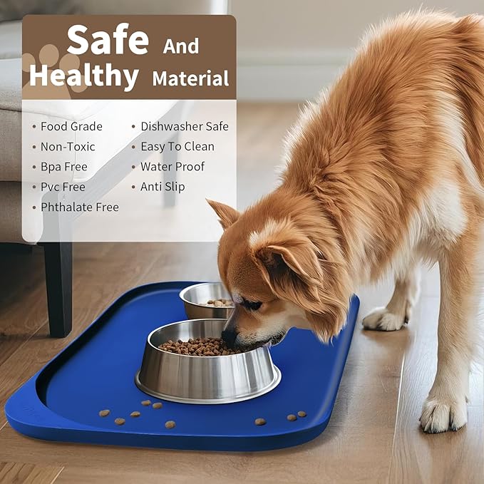 Smilool Silicone Pet Food Mat with Raised Edge for Food and Water Bowl, Dog Feeding Mats, Cat Food Trays for Floor Waterproof, Rubber Tray for Dogs and Cats, 22 x 14 x 0.8 Navy Blue