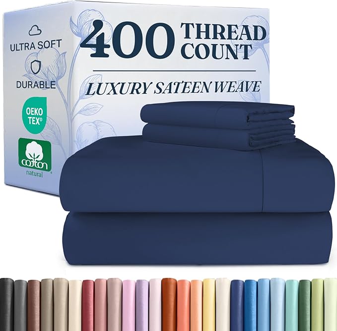 400 Thread Count Cotton Sheet Set - King Size 100% Cotton Sheets - Easily Fits 8" to 16" Mattress - Silky-Soft, Wrinkle Free, Breathable & Comfy - Deep Pockets & Hotel Quality Bedding Set - Navy Blue