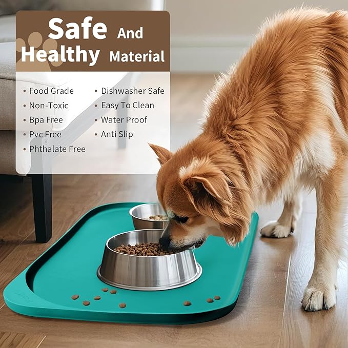Smilool Silicone Pet Food Mat with Raised Edge for Food and Water Bowl, Dog Feeding Mats, Cat Food Trays for Floor Waterproof, Rubber Tray for Dogs and Cats, 24 x 16 x 0.8 Dark Turquoise
