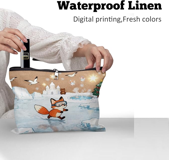 Cafl Fox Ice Skating Makeup Bag Travel Large Fox Cosmetic Bag Organizer toiletry Essentials Jewelry Zipper Bag Gift For Women -10×8 inch