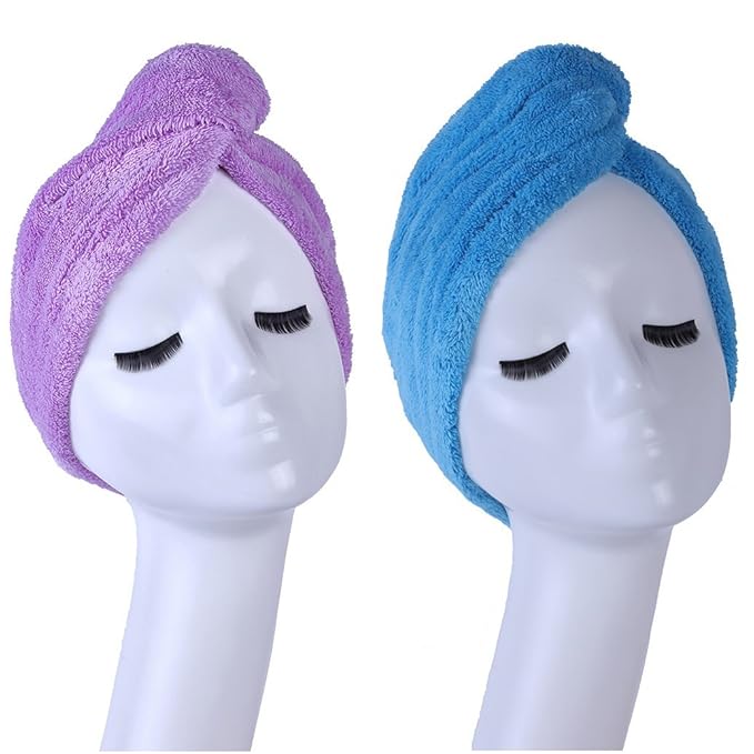 YYXR Microfiber Hair Turban Towel Wrap - Super Absorbent Drastically Reduce Hair Drying Time(2 Pack Puple & Blue)