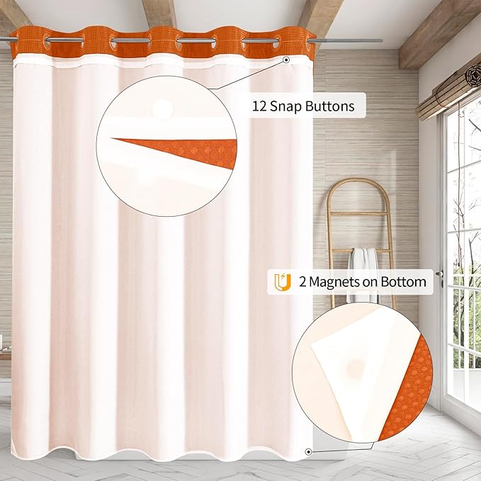 MitoVilla Orange Long Shower Curtain Liner Set 72 x 80, No Hooks Needed 80 inch Long Heavyweight Waffle Fabric Shower Curtain Set with Snap-in Liner for Hotel Grade Spa-Like Bathroom Decor