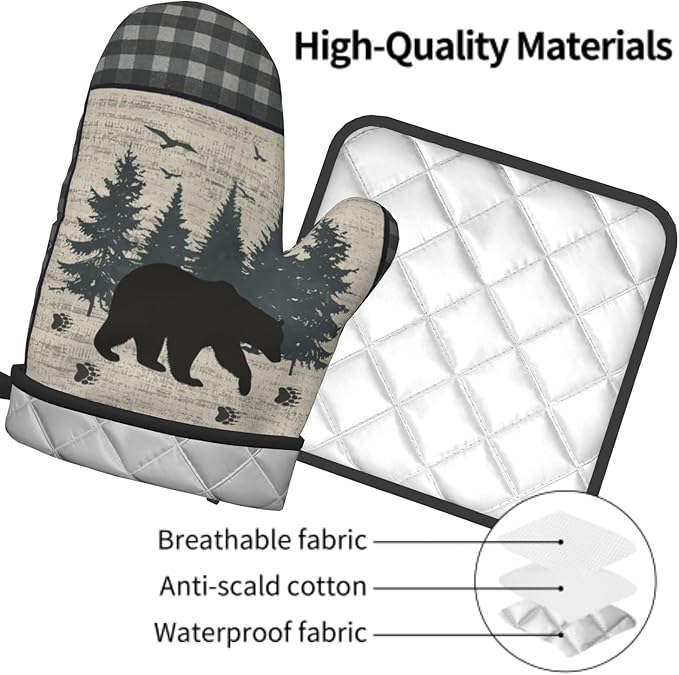 Rustic Vintage Bear Oven Mitt and Pot Holders 2Pcs Sets Heat Resistant Forest Cabin Wildlife Kitchen Gloves Potholder Farm Buffalo Plaid Hot Pads for Chef Cooking, Baking, Grilling