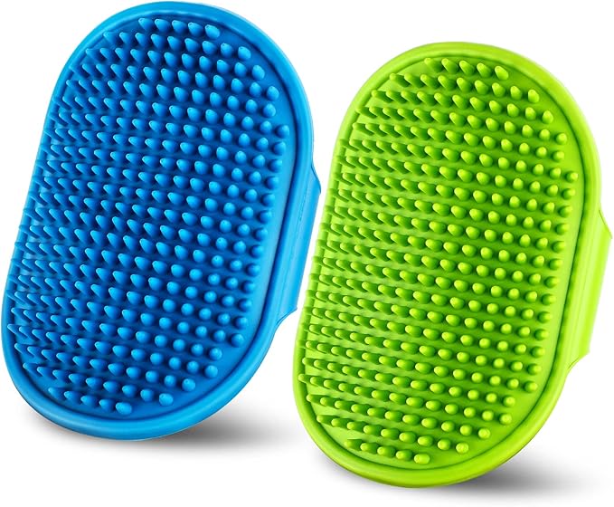 DSOE Dog Grooming Brush，Pet Shampoo Massage Bath Brush Comb with Adjustable Loop Handle for Grooming Short and Long Hair Cats and Dogs, 2pcs(Tapered brush head, Blue+Green)