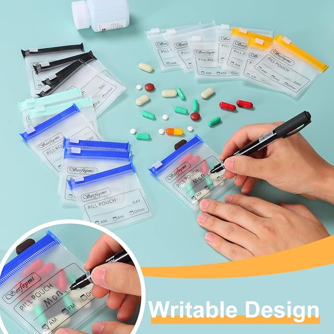 Serfeymi 32 Pcs Pill Pouch Bags for Travel Reusable Plastic Bags 3 x 3 Inches 12 mil (Double Sided) Translucent Zippered Pill Pouches for Medicine with Slide Lock & Writable Label，1 Pc Marker - Green